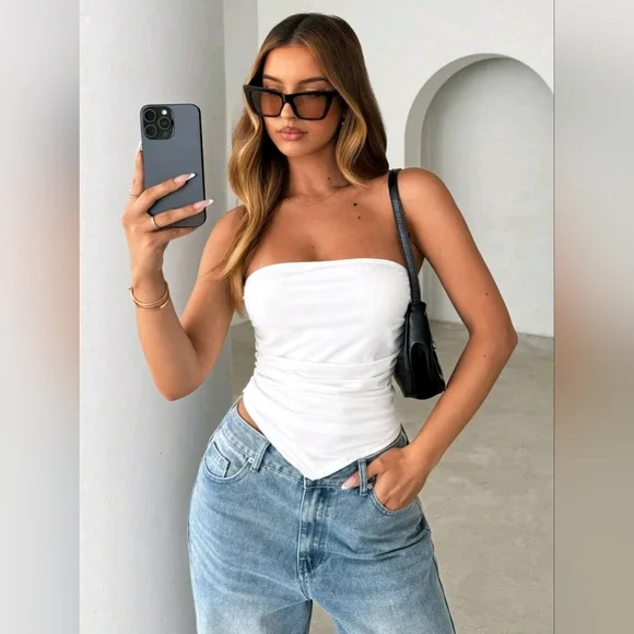 Siren Gaze Asymmetrical Hemline Strapless Top, Casual Asymmetrical, Ruched - Picture 1 of 6